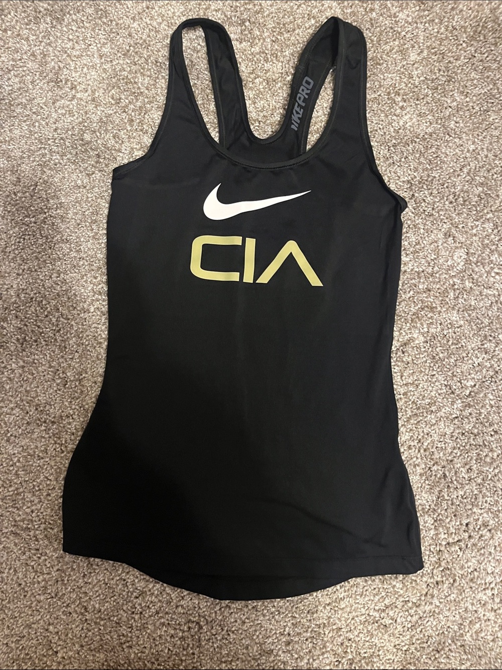 Nike Black Racerback Tank with White Swoosh and Gold 'CIA' Print